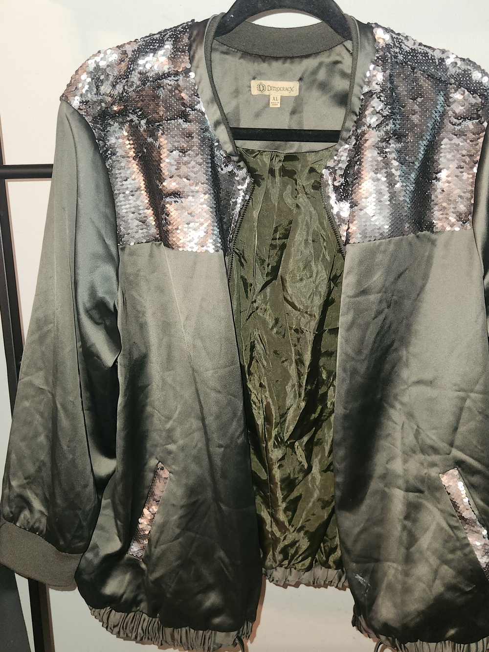 Democracy Olive Green Satin Bomber with Silver Sequin Accents